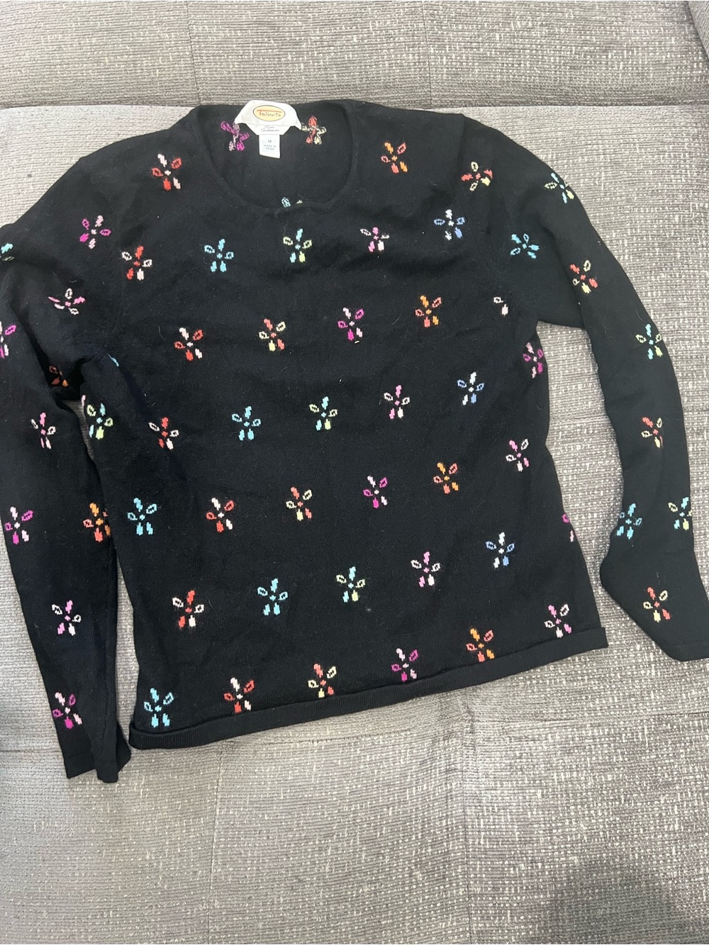 Talbots Black Crewneck Sweater with Multicolor Floral Embroidery
